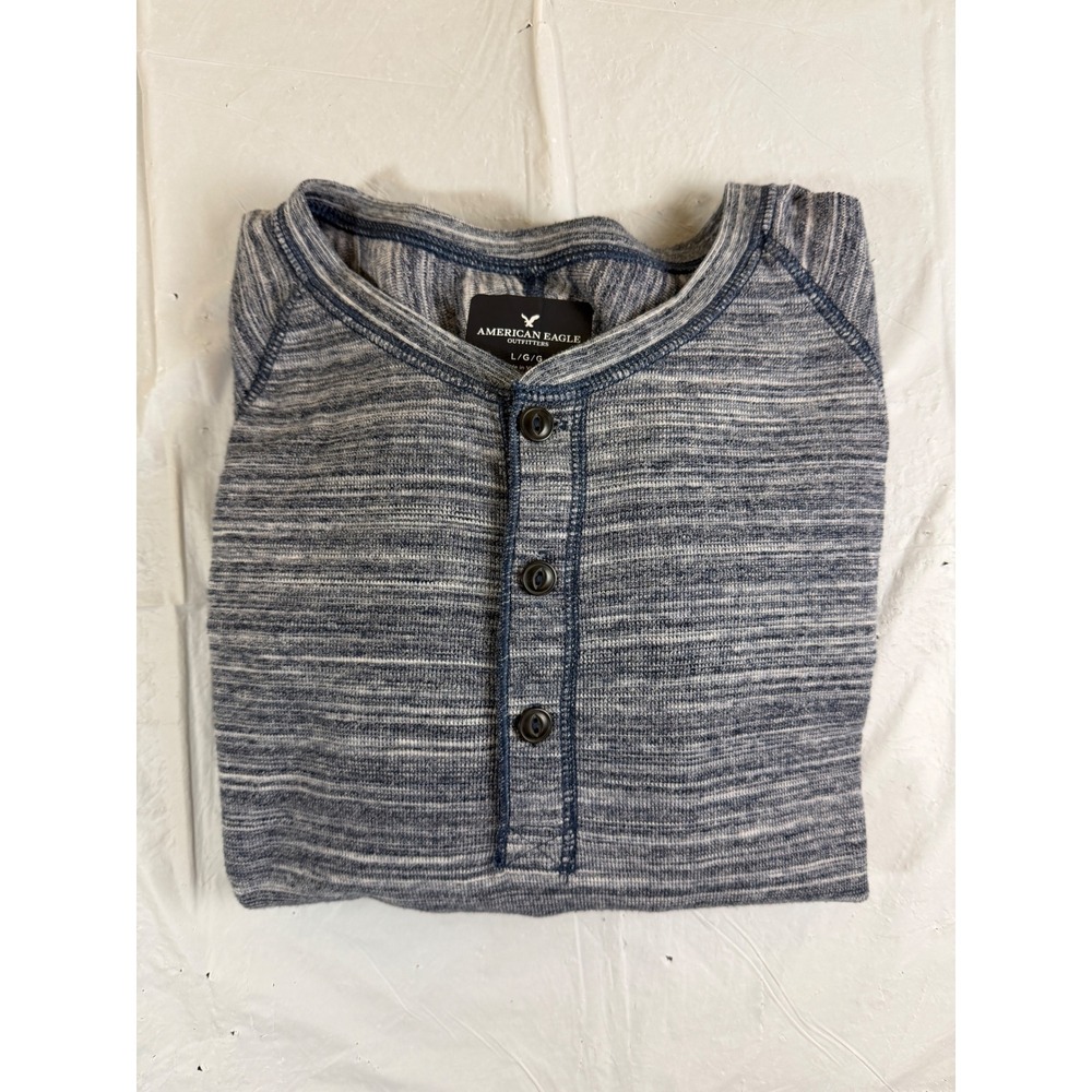American Eagle Mens Blue Space Dye Long Sleeve Henley Shirt Large Raglan L